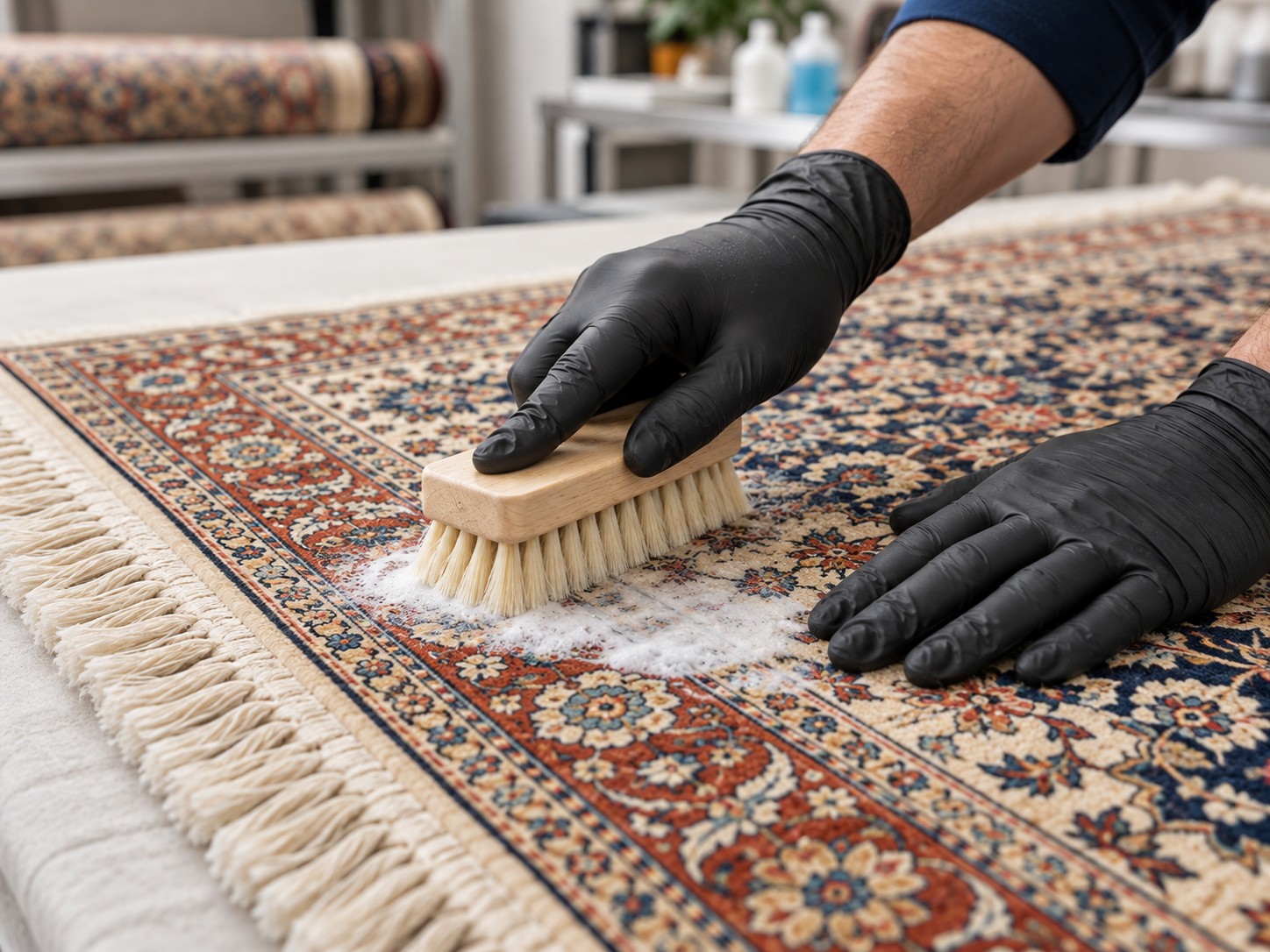 Professional hand-cleaning of a detailed Oriental rug with careful attention to the fringe