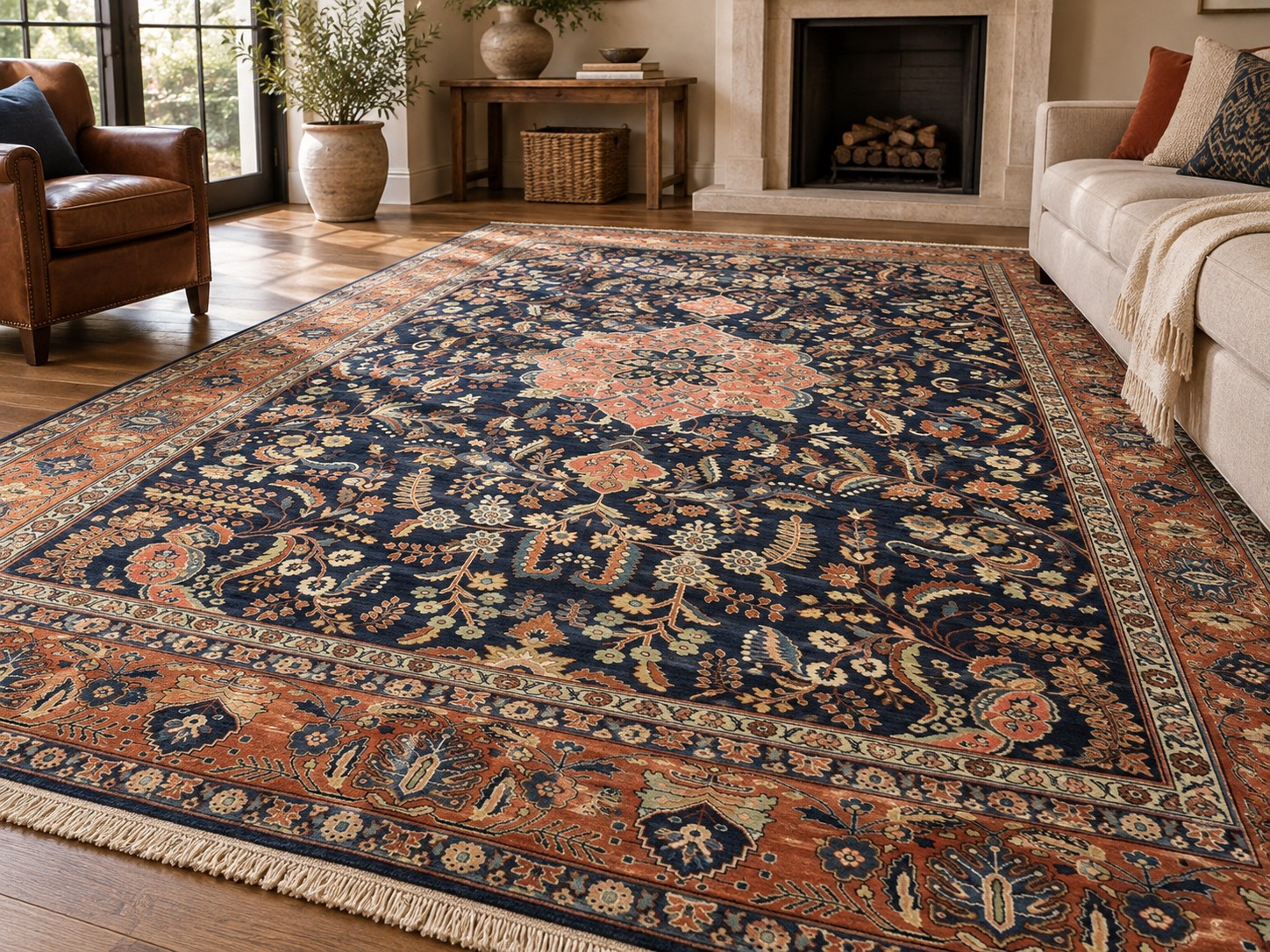 Navy floral rug displayed in a refined room setting