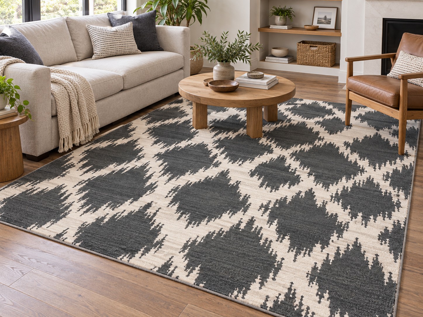 Charcoal geometric area rug in a contemporary family room