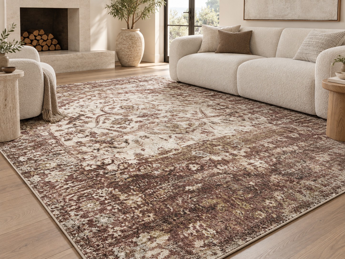 Neutral modern rug displayed with sculptural cream seating
