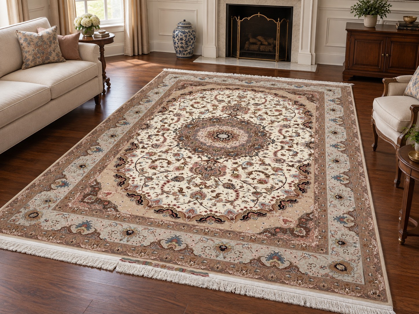 Traditional ivory medallion rug in a classic interior