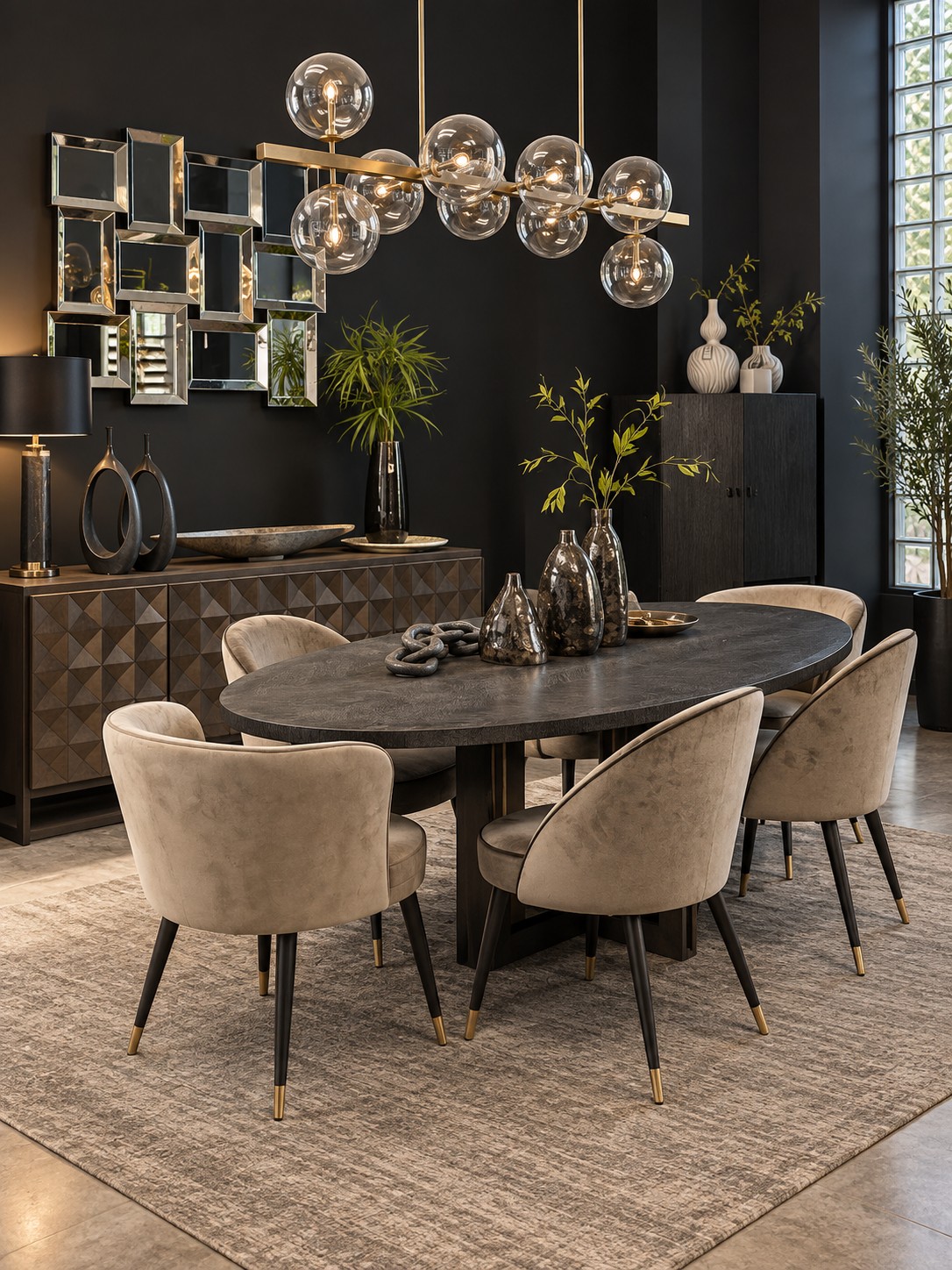 Refined dining furniture, sculptural lighting, and an area rug in a showroom setting