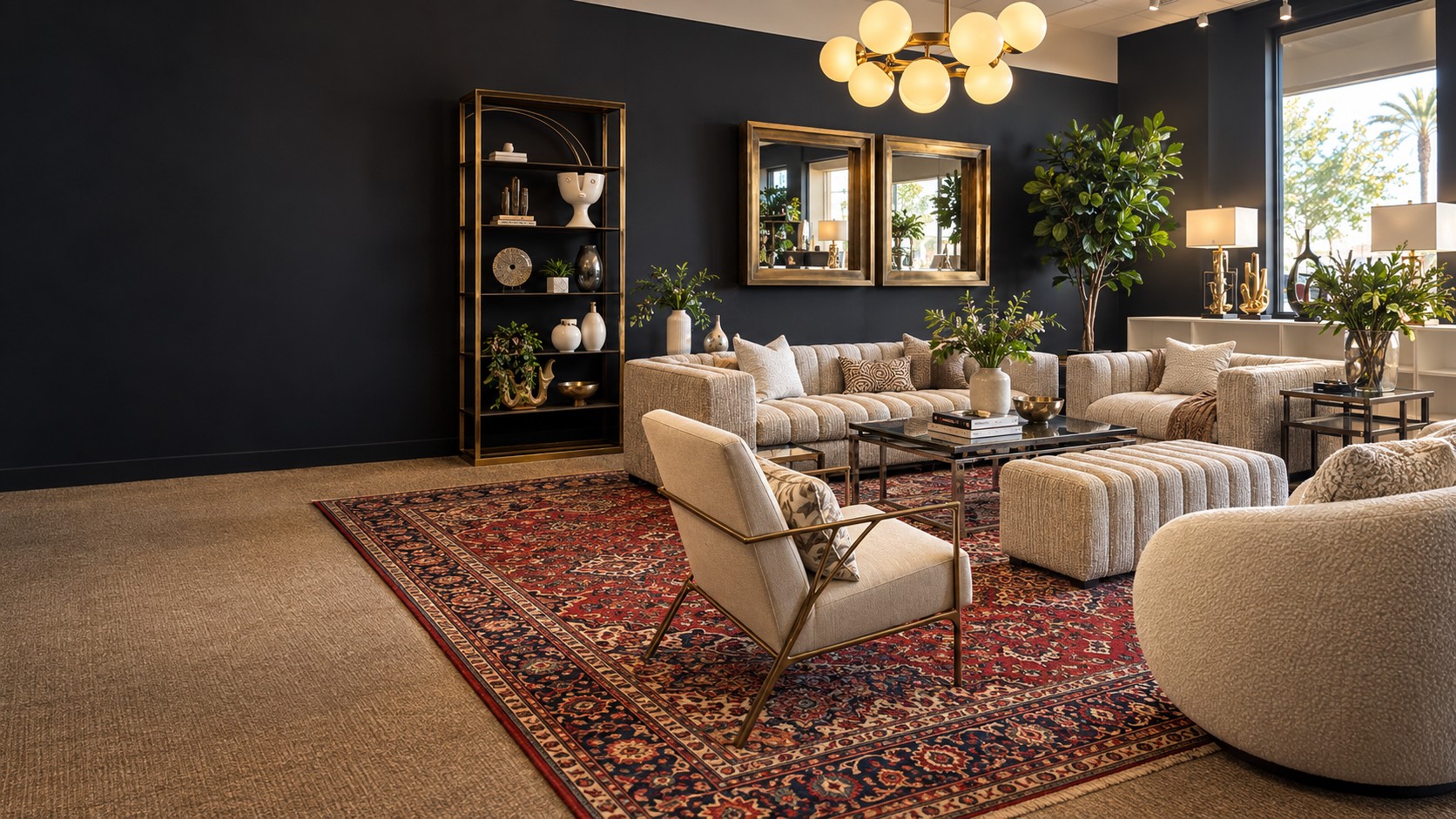 Persian rug displayed with coordinated seating and furniture in a refined showroom setting
